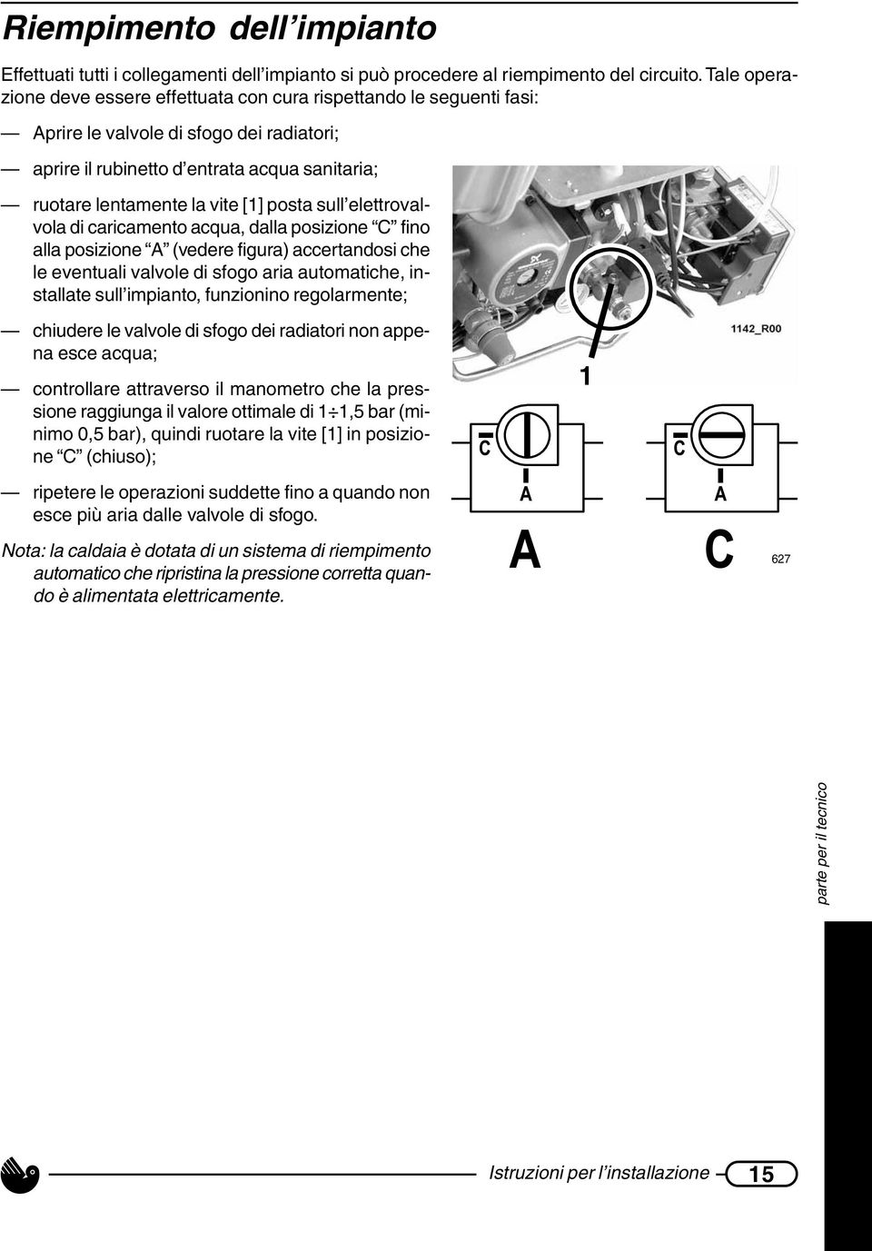 posta sull elettrovalvola di caricamento acqua, dalla posizione C fino alla posizione A (vedere figura) accertandosi che le eventuali valvole di sfogo aria automatiche, installate sull impianto,