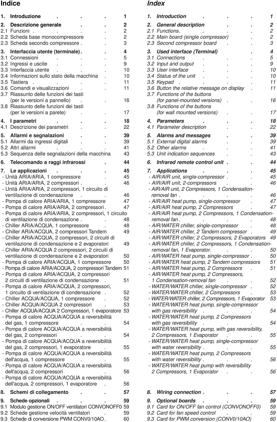 . 16 3.8 Riassunto delle funzioni dei tasti (per le versioni a parete).. 17 4. I parametri... 18 4.1 Descrizione dei parametri.. 22 5. Allarmi e segnalazioni.. 39 5.1 Allarmi da ingressi digitali.