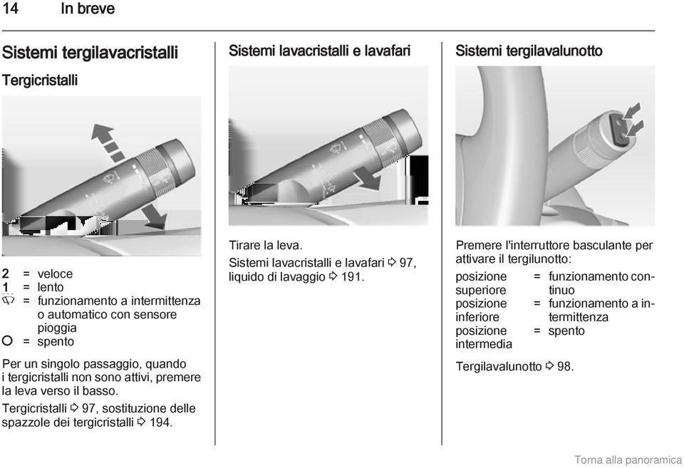 Tergicristalli 3 97, sostituzione delle spazzole dei tergicristalli 3 194. Tirare la leva. Sistemi lavacristalli e lavafari 3 97, liquido di lavaggio 3 191.