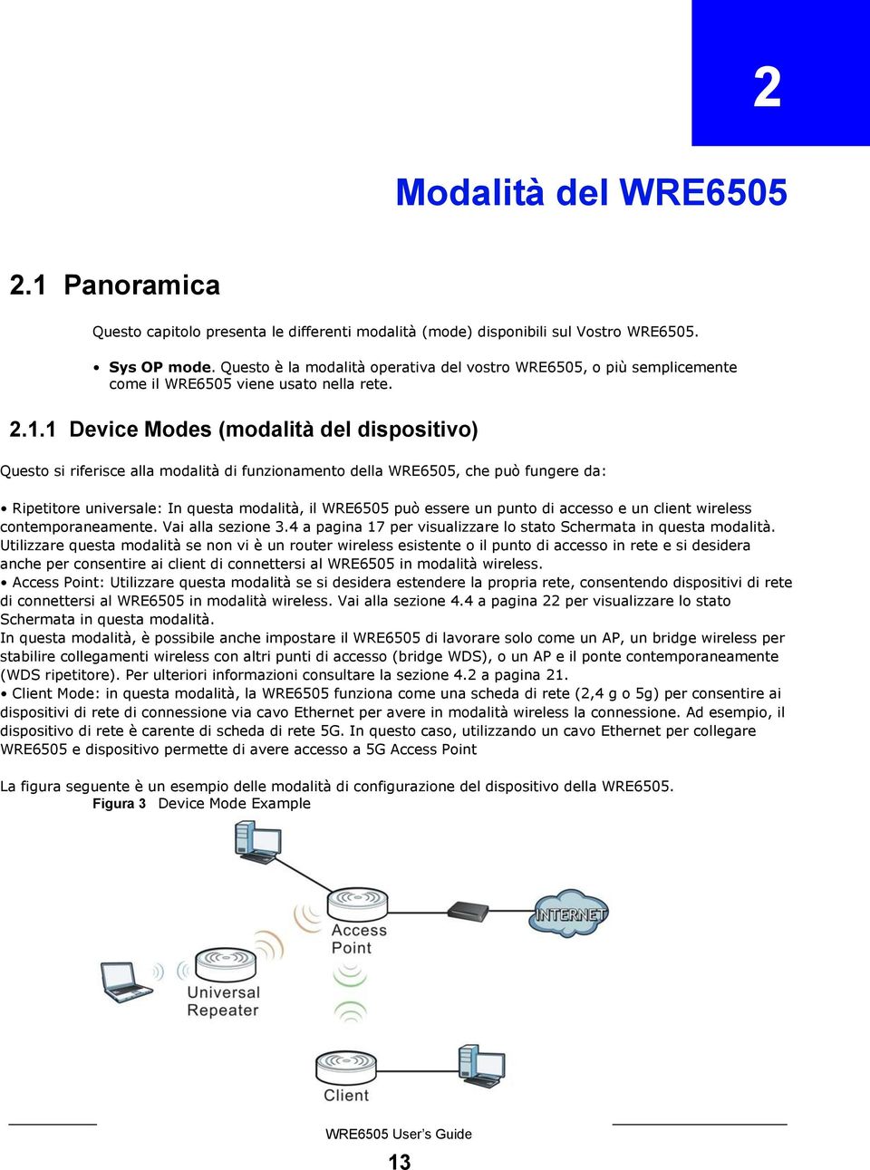 1 Device Modes (modalità del dispositivo) Questo si riferisce alla modalità di funzionamento della WRE6505, che può fungere da: Ripetitore universale: In questa modalità, il WRE6505 può essere un