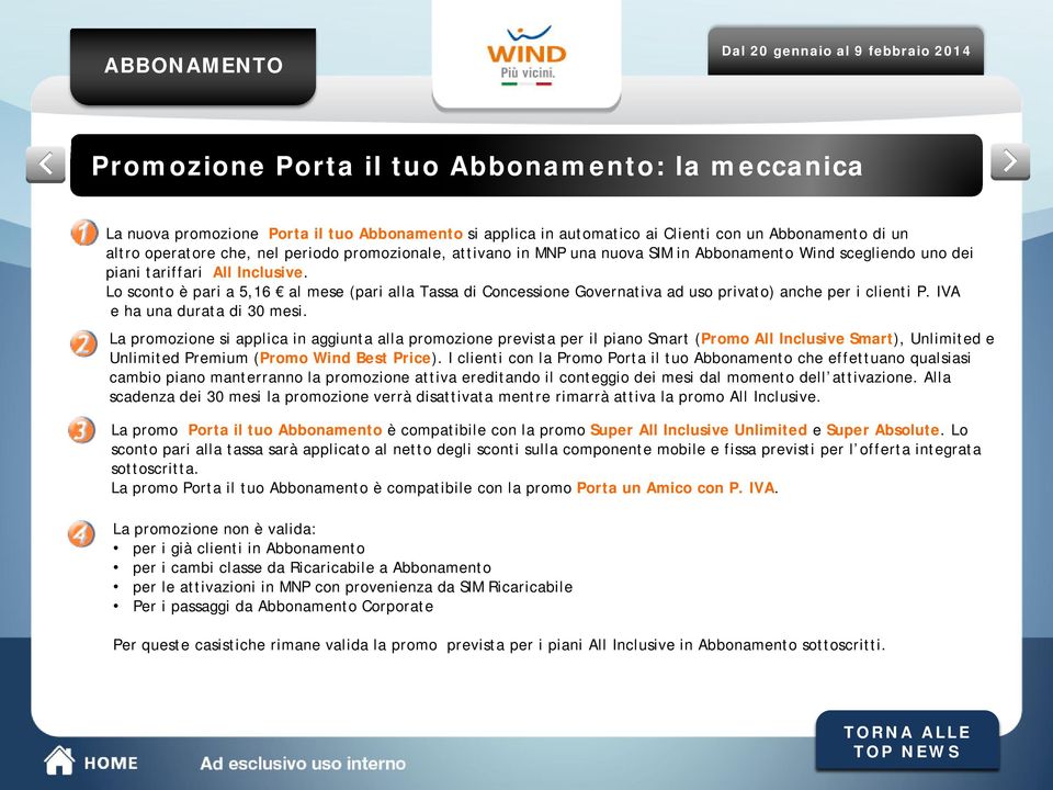 Lo sconto è pari a 5,16 al mese (pari alla Tassa di Concessione Governativa ad uso privato) anche per i clienti P. IVA e ha una durata di 30 mesi.