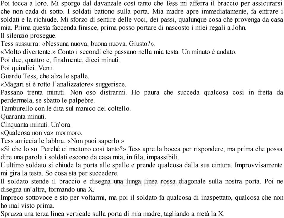 Prima questa faccenda finisce, prima posso portare di nascosto i miei regali a John. Il silenzio prosegue. Tess sussurra: «Nessuna nuova, buona nuova. Giusto?». «Molto divertente.