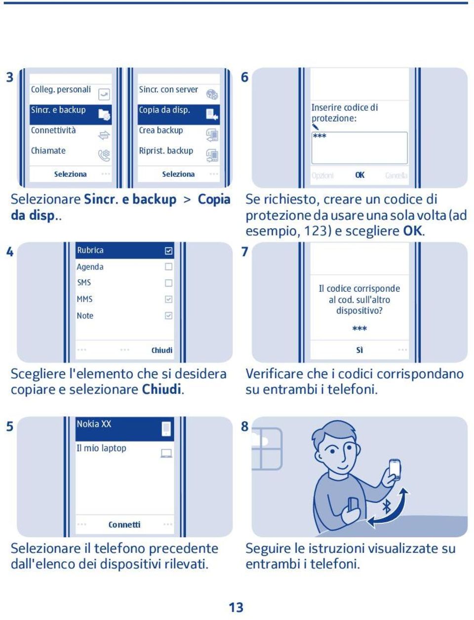 . 4 Rubrica Agenda SMS MMS Note Se richiesto, creare un codice di protezione da usare una sola volta (ad esempio, 3) e scegliere OK. 7 Il codice corrisponde al cod.