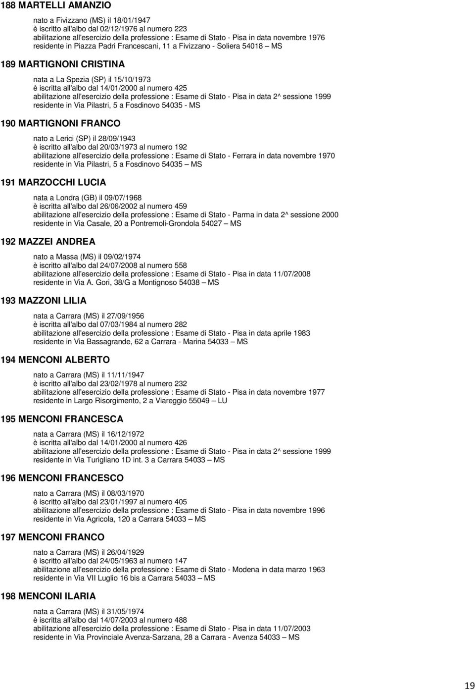 all'esercizio della professione : Esame di Stato - Pisa in data 2^ sessione 1999 residente in Via Pilastri, 5 a Fosdinovo 54035 - MS 190 MARTIGNONI FRANCO nato a Lerici (SP) il 28/09/1943 è iscritto