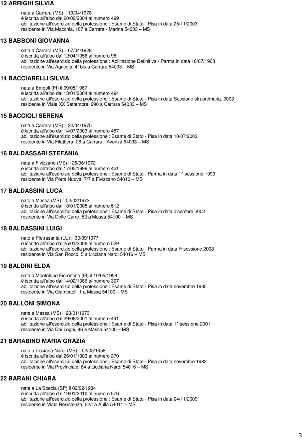 Abilitazione Definitiva - Parma in data 18/07/1963 residente in Via Agricola, 41bis a Carrara 54033 MS 14 BACCIARELLI SILVIA nata a Empoli (FI) il 09/05/1967 è iscritta all'albo dal 13/01/2004 al