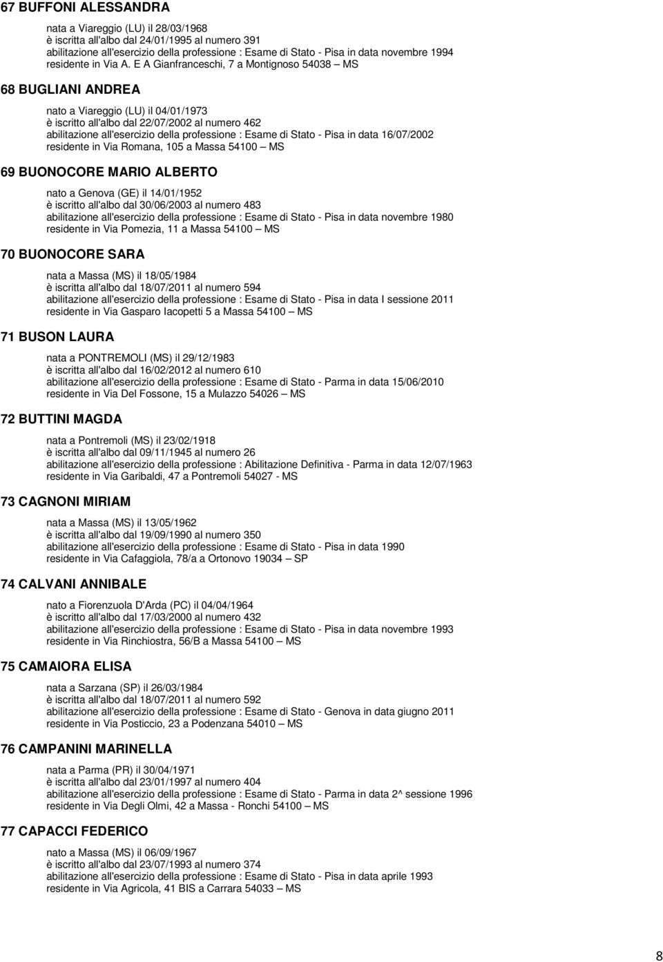 E A Gianfranceschi, 7 a Montignoso 54038 MS 68 BUGLIANI ANDREA nato a Viareggio (LU) il 04/01/1973 è iscritto all'albo dal 22/07/2002 al numero 462 abilitazione all'esercizio della professione :