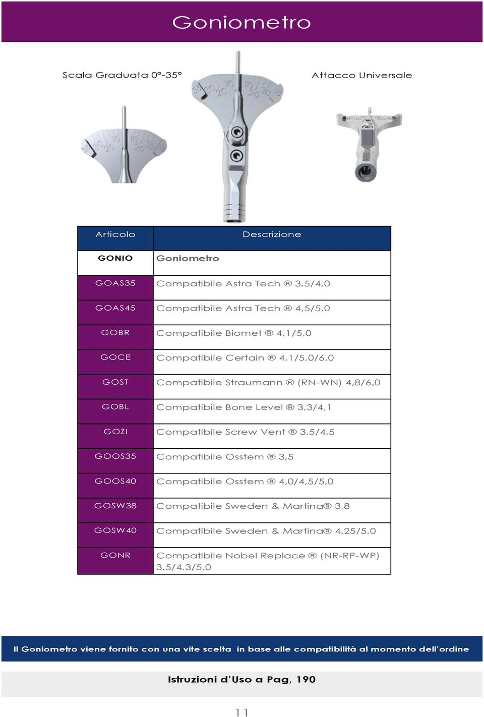 3,5/4,5 GOOS35 Compatibile Osstem 3,5 GOOS40 Compatibile Osstem 4,0/4,5/5,0 GOSW38 Compatibile Sweden & Martina 3,8 GOSW40 Compatibile Sweden & Martina 4,25/5,0 GONR