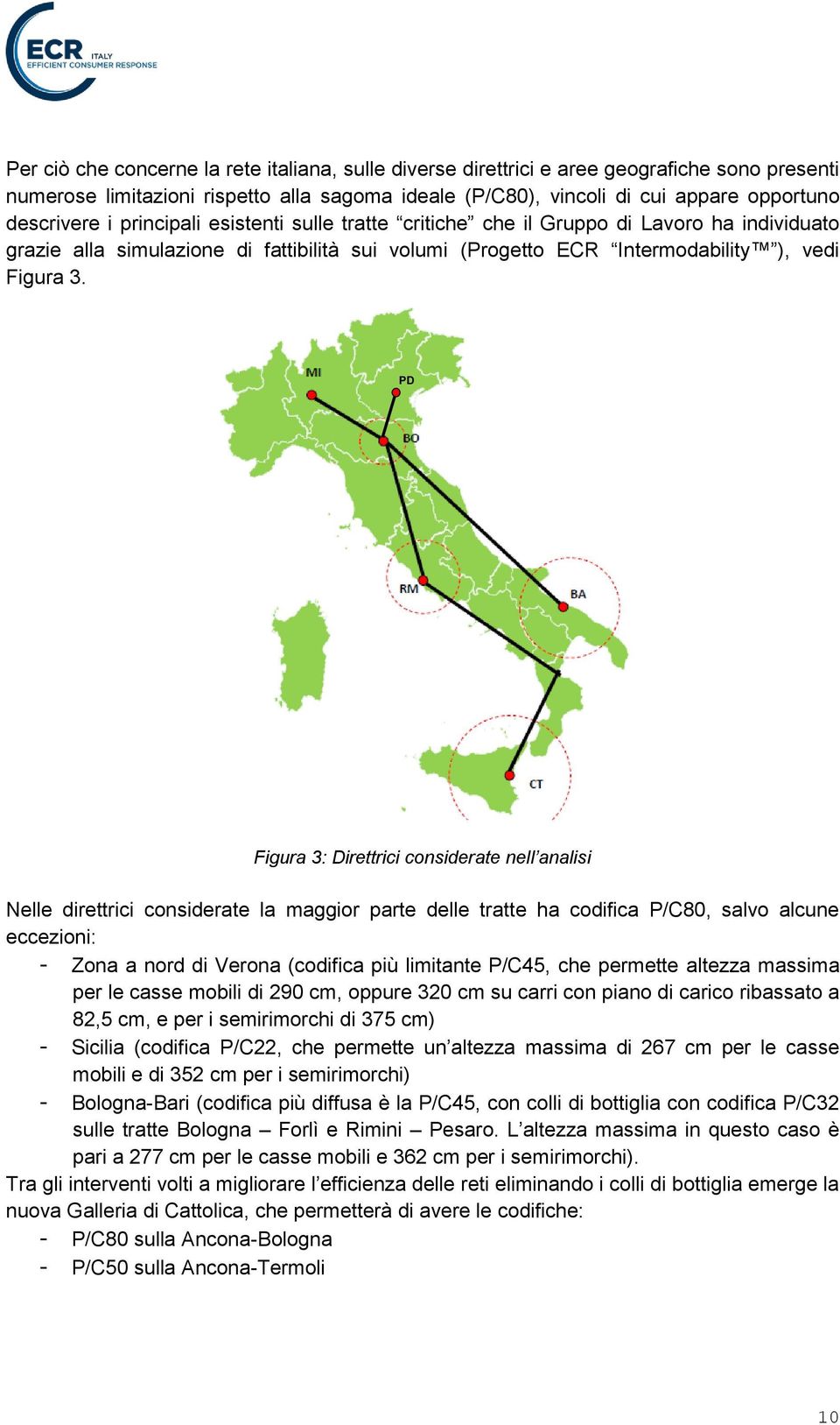 PD Figura 3: Direttrici considerate nell analisi Nelle direttrici considerate la maggior parte delle tratte ha codifica P/C80, salvo alcune eccezioni: - Zona a nord di Verona (codifica più limitante