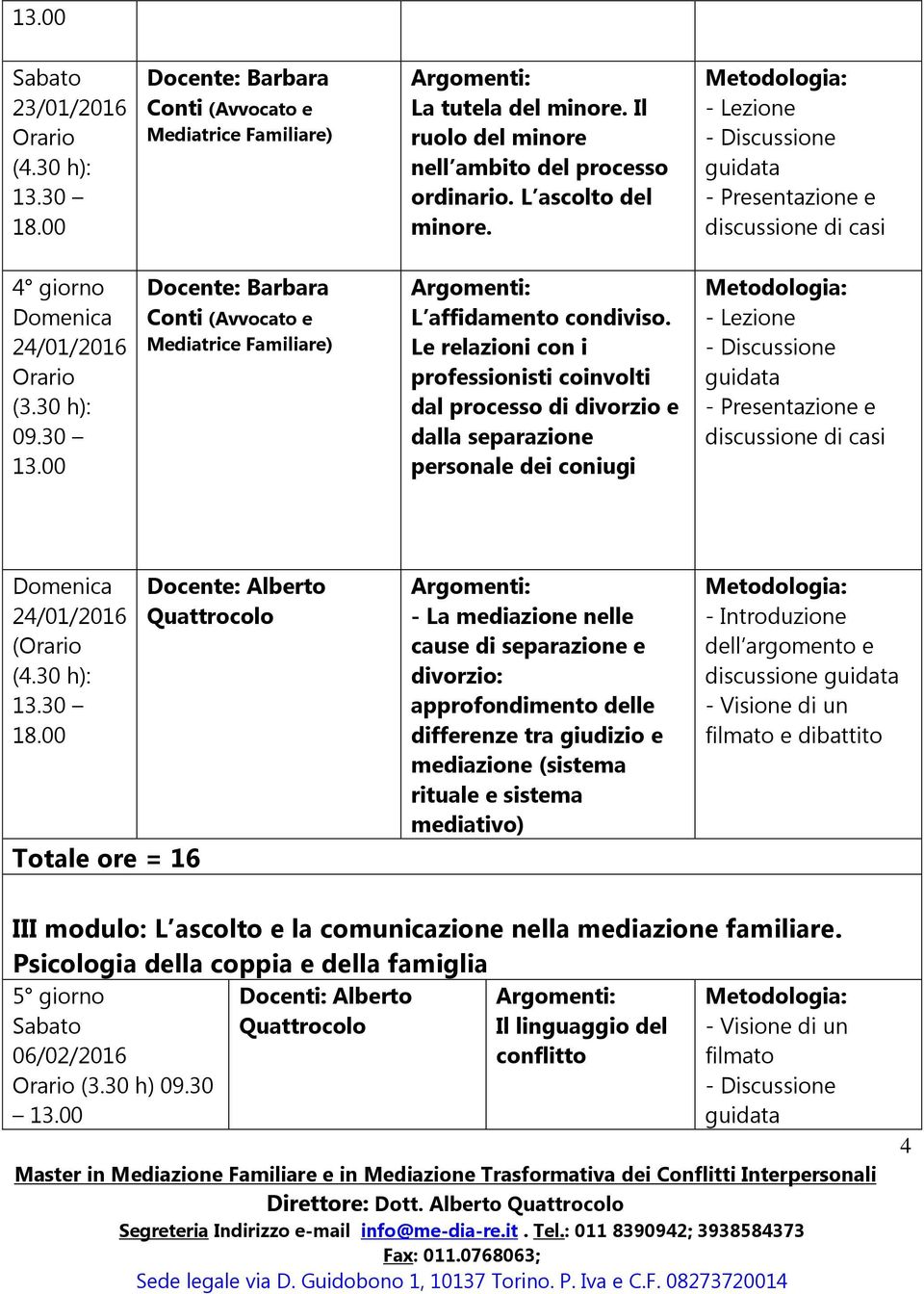 Le relazioni con i professionisti coinvolti dal processo di divorzio e dalla separazione personale dei coniugi 24/01/2016 (Orario (4.30 h): 13.30 18.