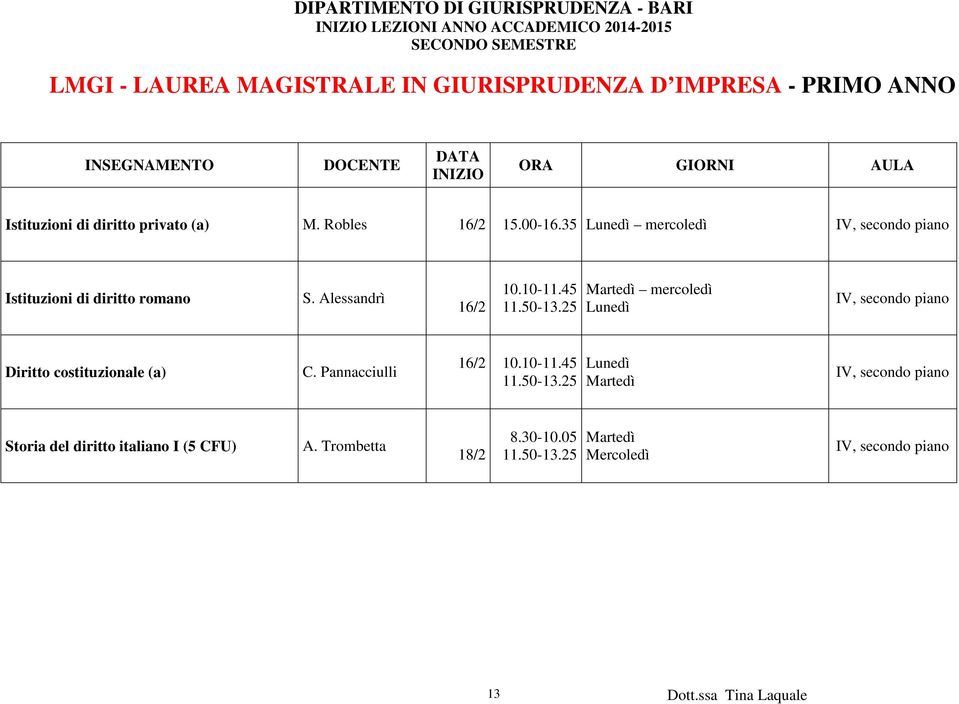 Alessandrì 16/2 10.10-11.45 Martedì mercoledì Lunedì IV, secondo piano Diritto costituzionale (a) C.