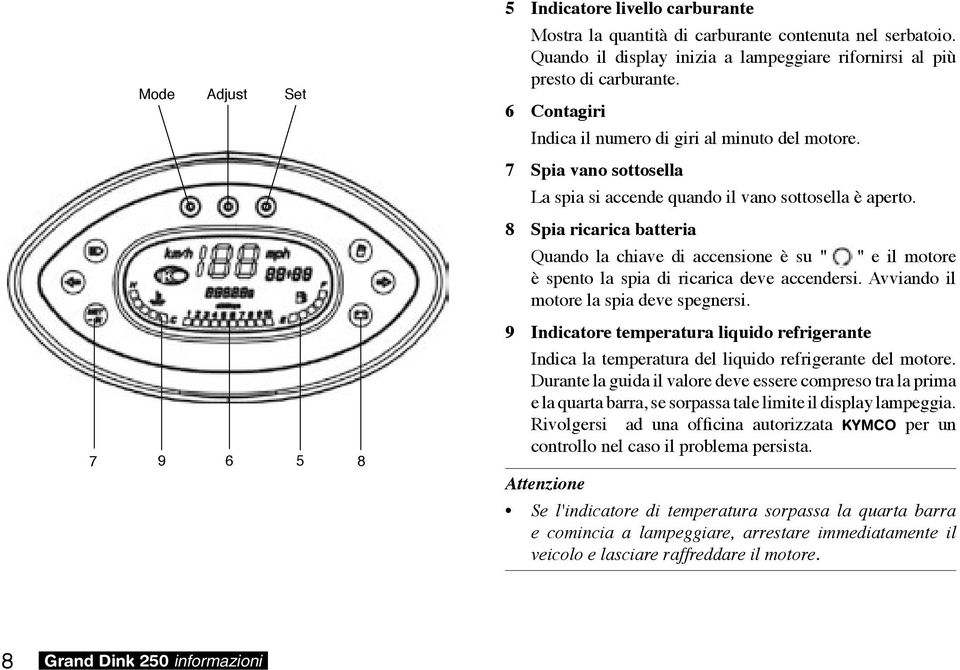 8 Spia ricarica batteria Quando la chiave di accensione è su " " e il motore è spento la spia di ricarica deve accendersi. Avviando il motore la spia deve spegnersi.