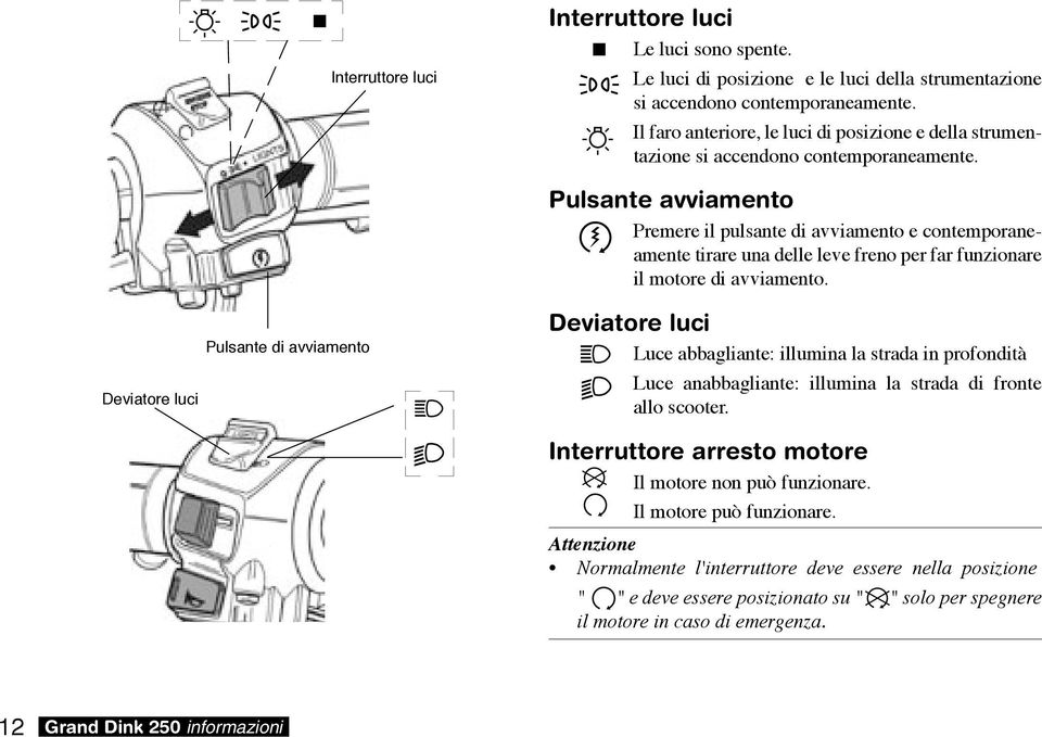 Pulsante avviamento Premere il pulsante di avviamento e contemporaneamente tirare una delle leve freno per far funzionare il motore di avviamento.