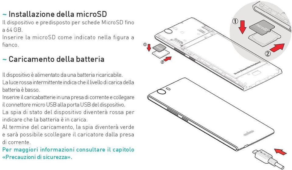 Inserire il caricabatterie in una presa di corrente e collegare il connettore micro USB alla porta USB del dispositivo.