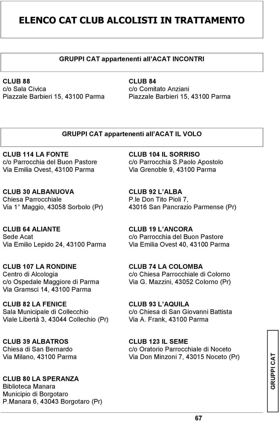 Paolo Apostolo Via Grenoble 9, 43100 Parma CLUB 30 ALBANUOVA Chiesa Parrocchiale Via 1 Maggio, 43058 Sorbolo (Pr) CLUB 92 L ALBA P.