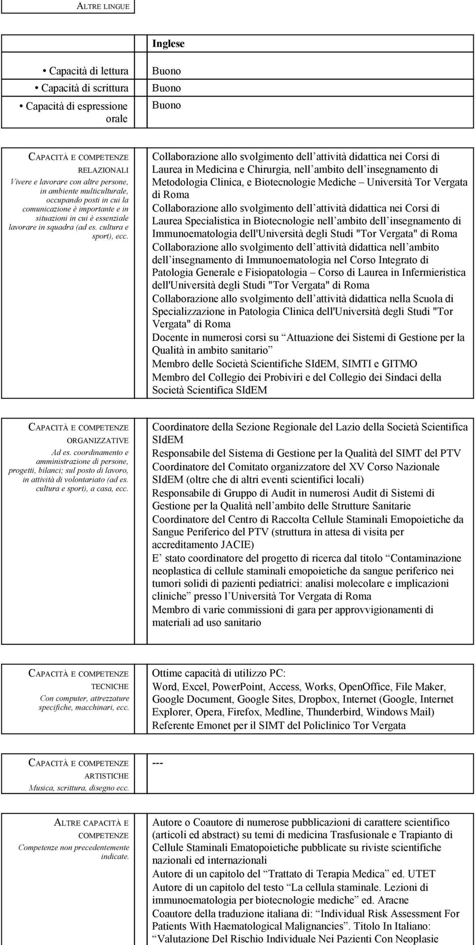 Collaborazione allo svolgimento dell attività didattica nei Corsi di Laurea in Medicina e Chirurgia, nell ambito dell insegnamento di Metodologia Clinica, e Biotecnologie Mediche Università Tor