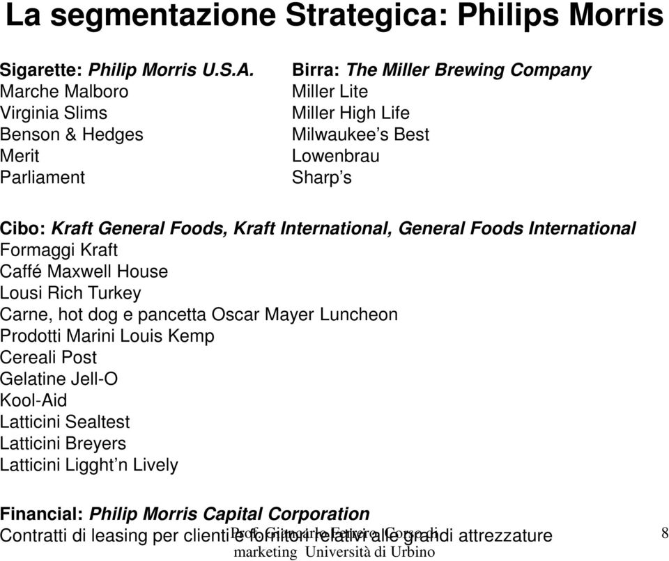 General Foods, Kraft International, General Foods International Formaggi Kraft Caffé Maxwell House Lousi Rich Turkey Carne, hot dog e pancetta Oscar Mayer Luncheon Prodotti