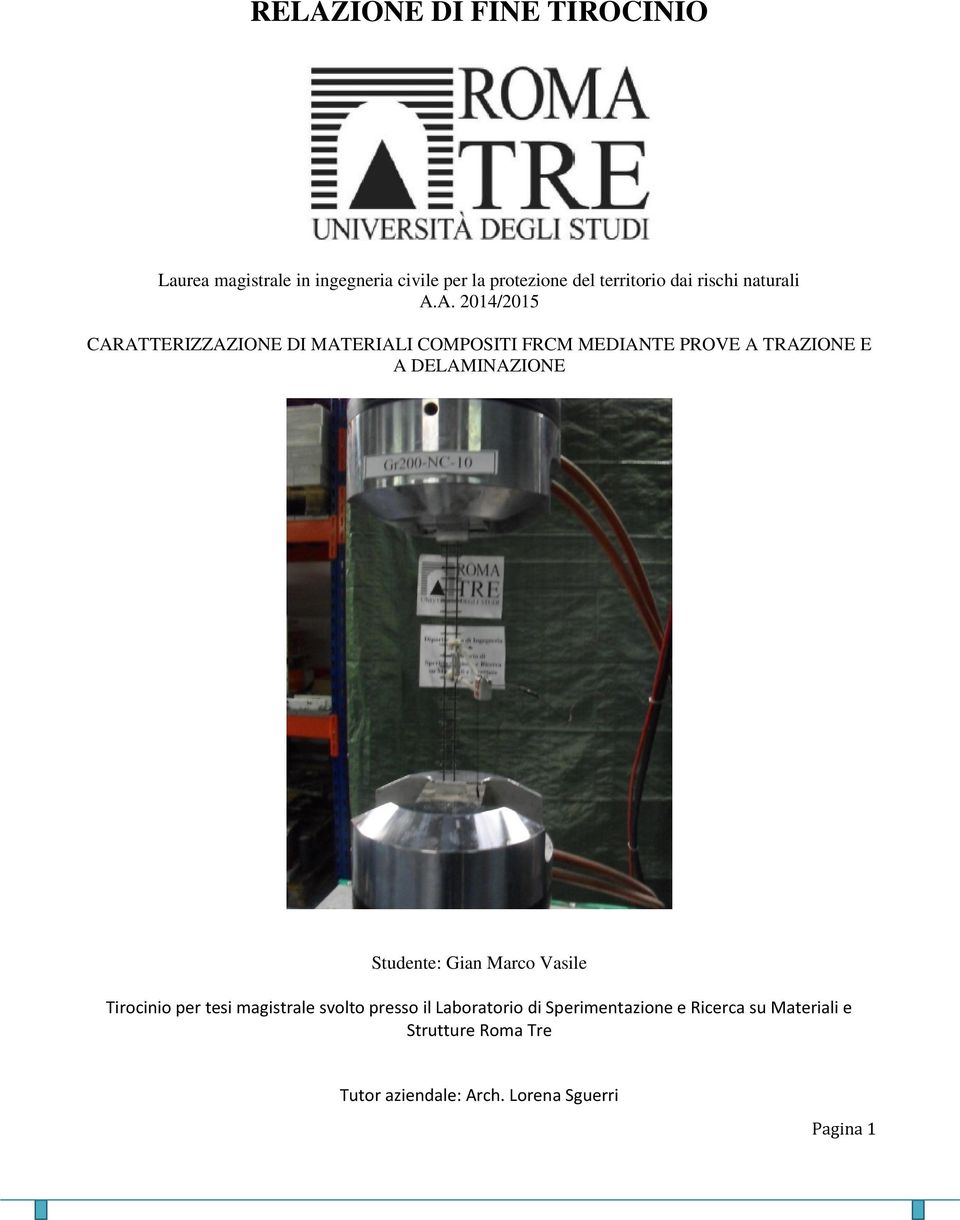 A. 2014/2015 CARATTERIZZAZIONE DI MATERIALI COMPOSITI FRCM MEDIANTE PROVE A TRAZIONE E A DELAMINAZIONE