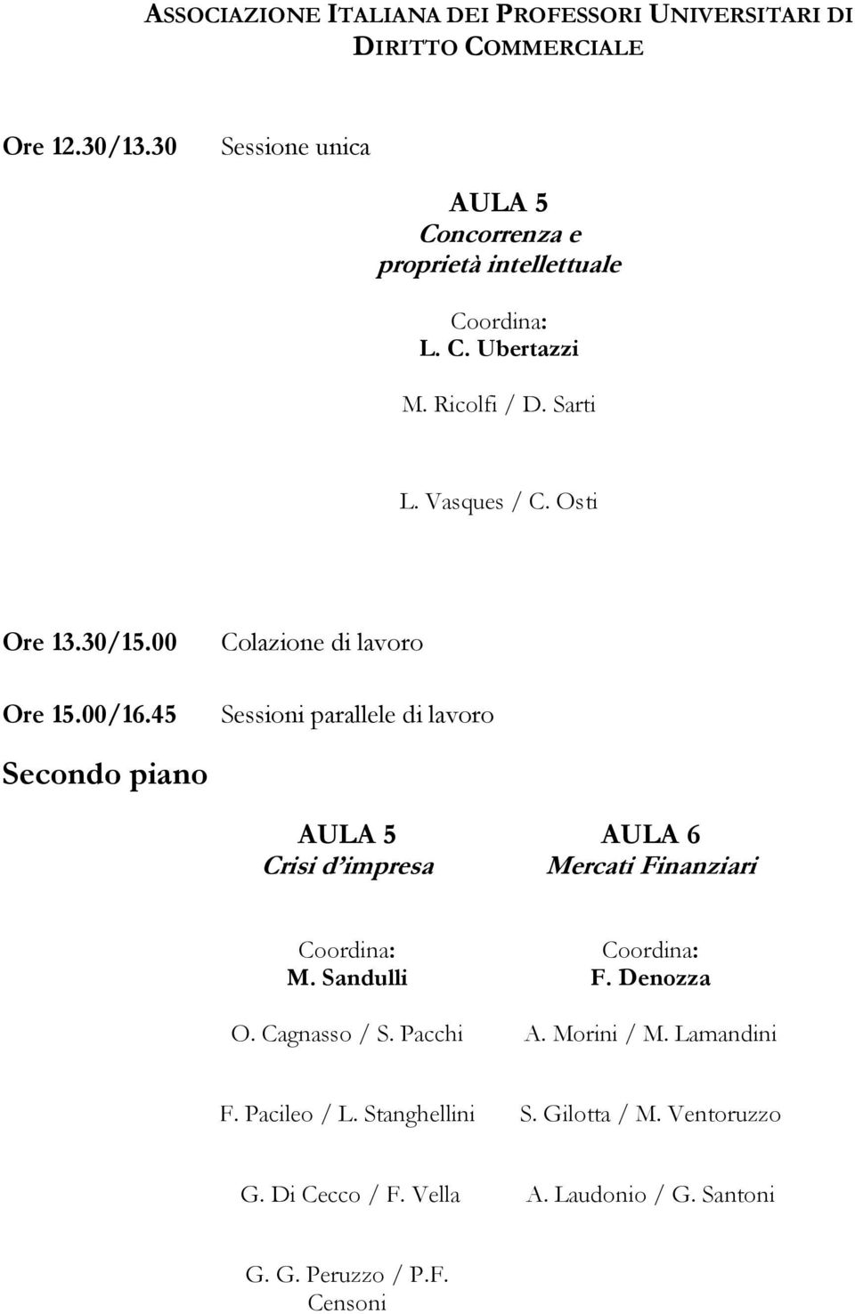 45 Colazione di lavoro Sessioni parallele di lavoro Secondo piano AULA 5 Crisi d impresa AULA 6 Mercati Finanziari M.