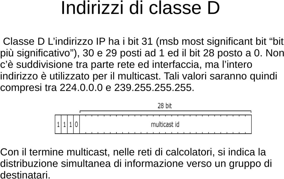 Non c è suddivisione tra parte rete ed interfaccia, ma l intero indirizzo è utilizzato per il multicast.