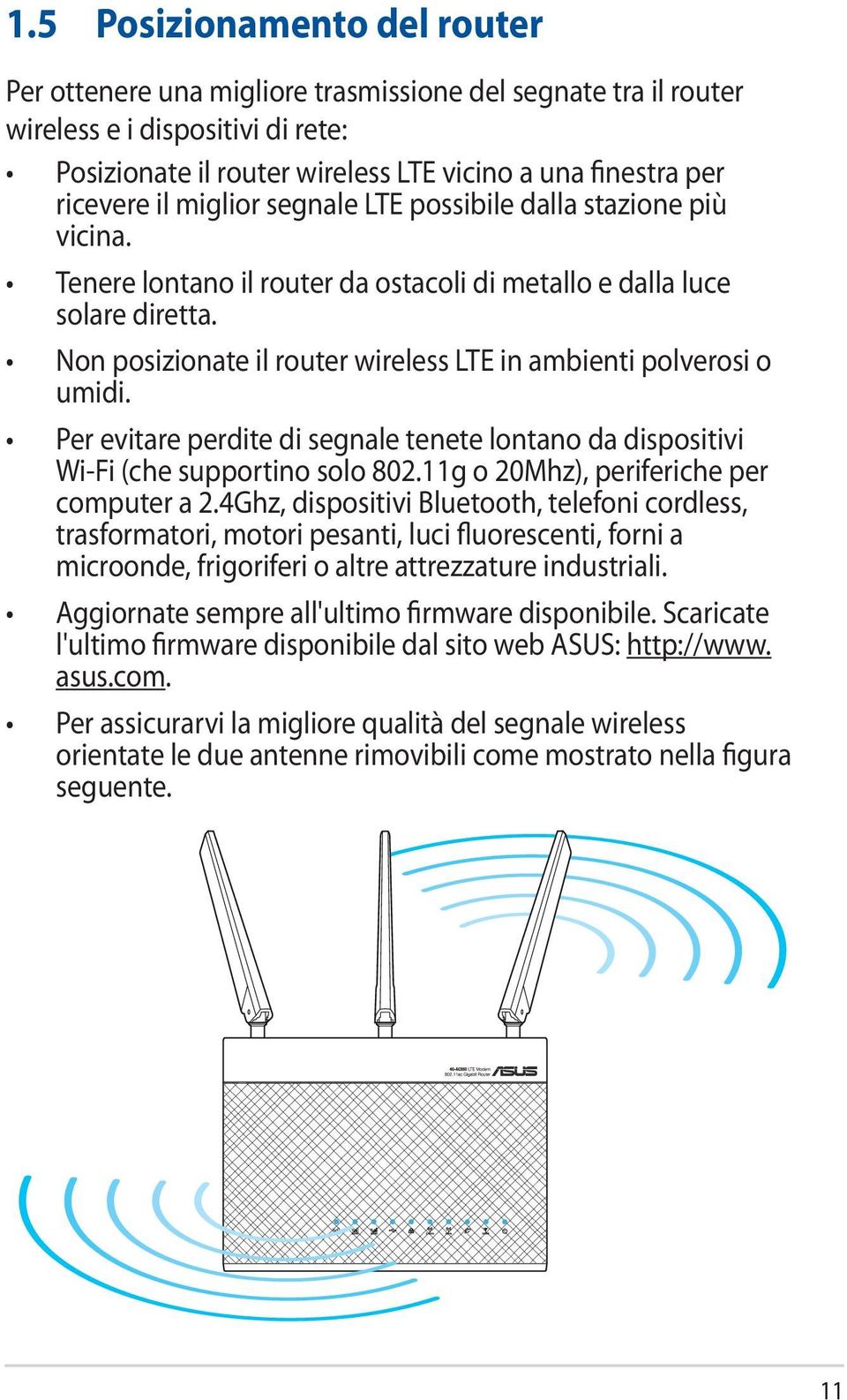Non posizionate il router wireless LTE in ambienti polverosi o umidi. Per evitare perdite di segnale tenete lontano da dispositivi Wi-Fi (che supportino solo 802.