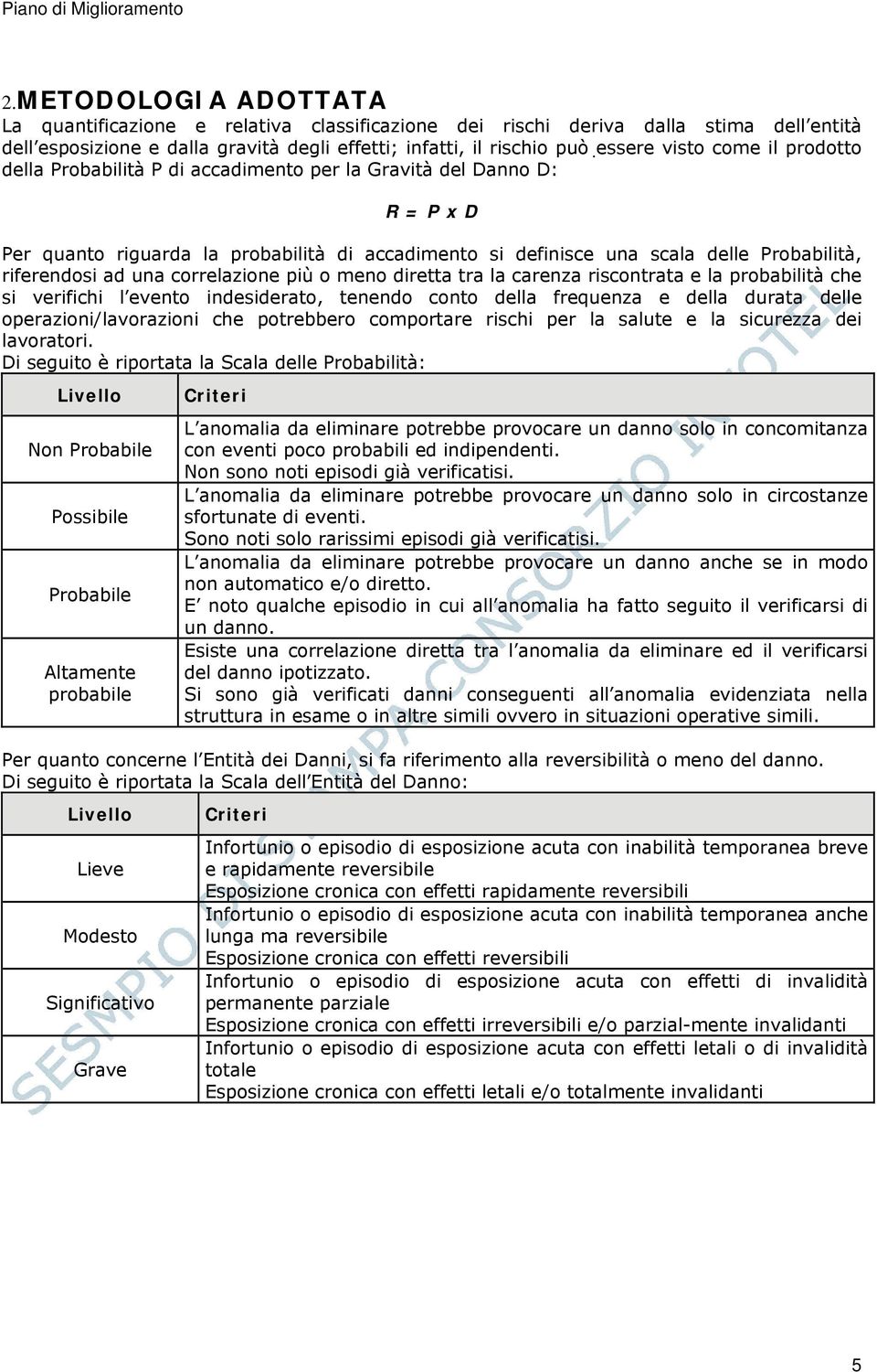 una correlazione più o meno diretta tra la carenza riscontrata e la probabilità che si verifichi l evento indesiderato, tenendo conto della frequenza e della durata delle operazioni/lavorazioni che