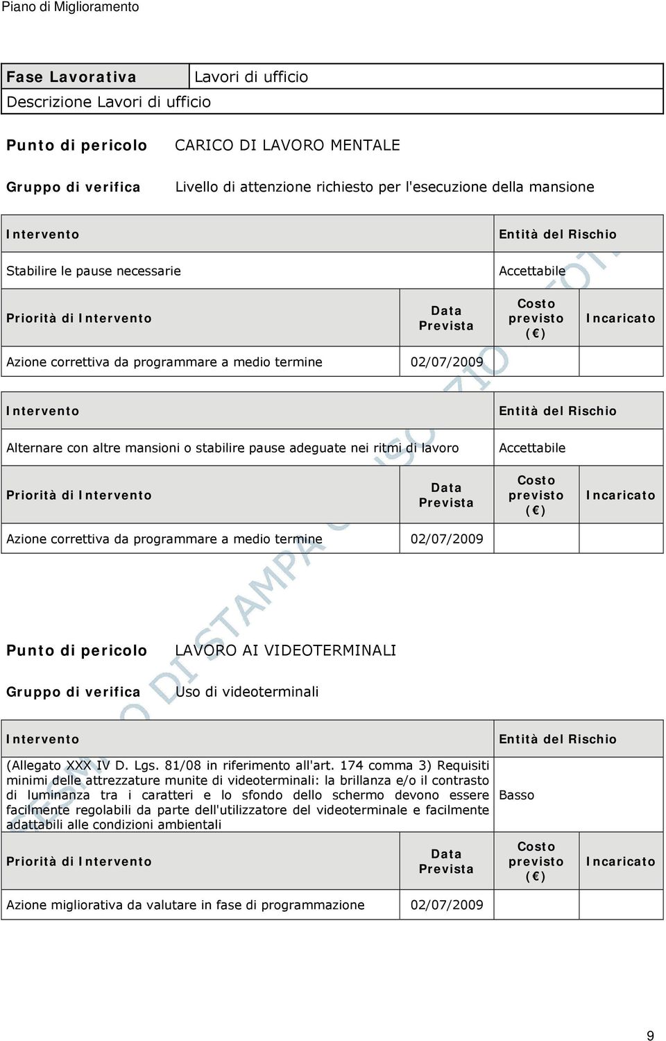 Intervento Entità del Rischio Alternare con altre mansioni o stabilire pause adeguate nei ritmi di lavoro Accettabile Priorità di Intervento Data Prevista Costo previsto ( ) Incaricato Azione