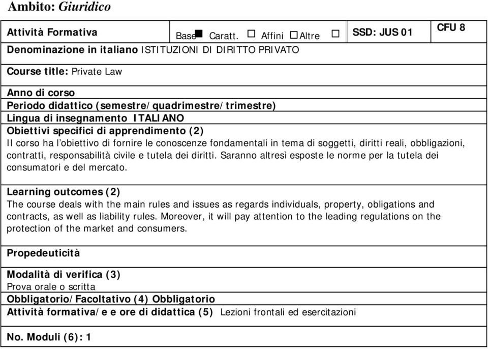 insegnamento ITALIANO Obiettivi specifici di apprendimento (2) Il corso ha l obiettivo di fornire le conoscenze fondamentali in tema di soggetti, diritti reali, obbligazioni, contratti,