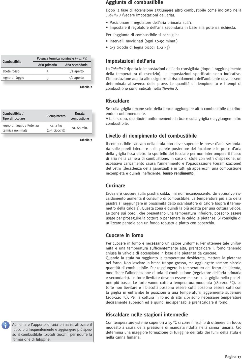 Per l aggiunta di combustibile si consiglia: Intervalli ravvicinati (ogni 30-50 minuti) 2-3 ciocchi di legna piccoli (1-2 kg) Potenza termica nominale (~12 Pa) Combustibile Aria primaria Aria