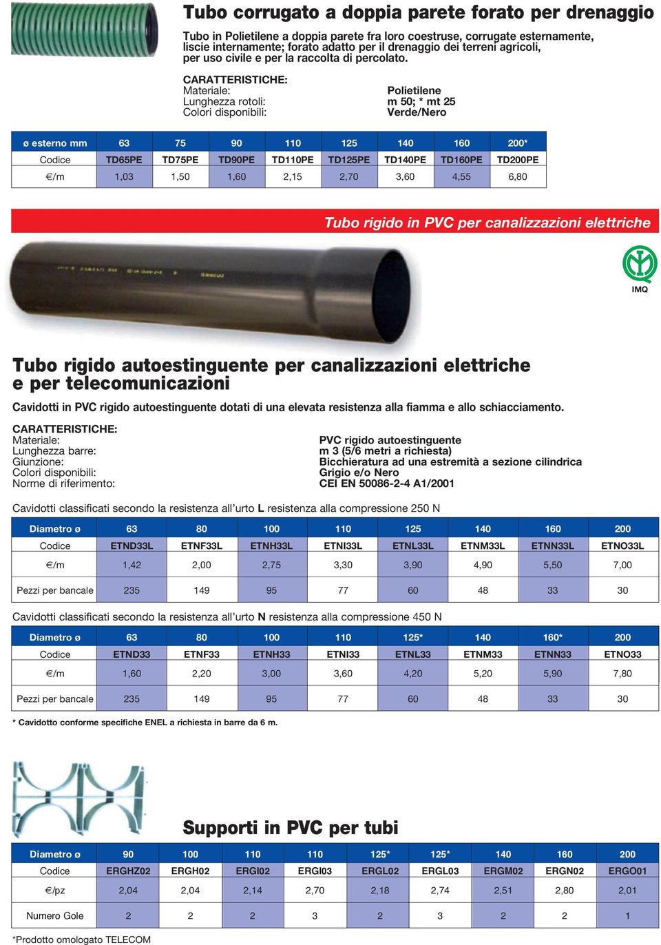 Materiale: Polietilene Lunghezza rotoli: m 50; * mt 25 Colori disponibili: Verde/Nero ø esterno mm 63 75 90 110 125 140 160 200* Codice TD65PE TD75PE TD90PE TD110PE TD125PE TD140PE TD160PE TD200PE