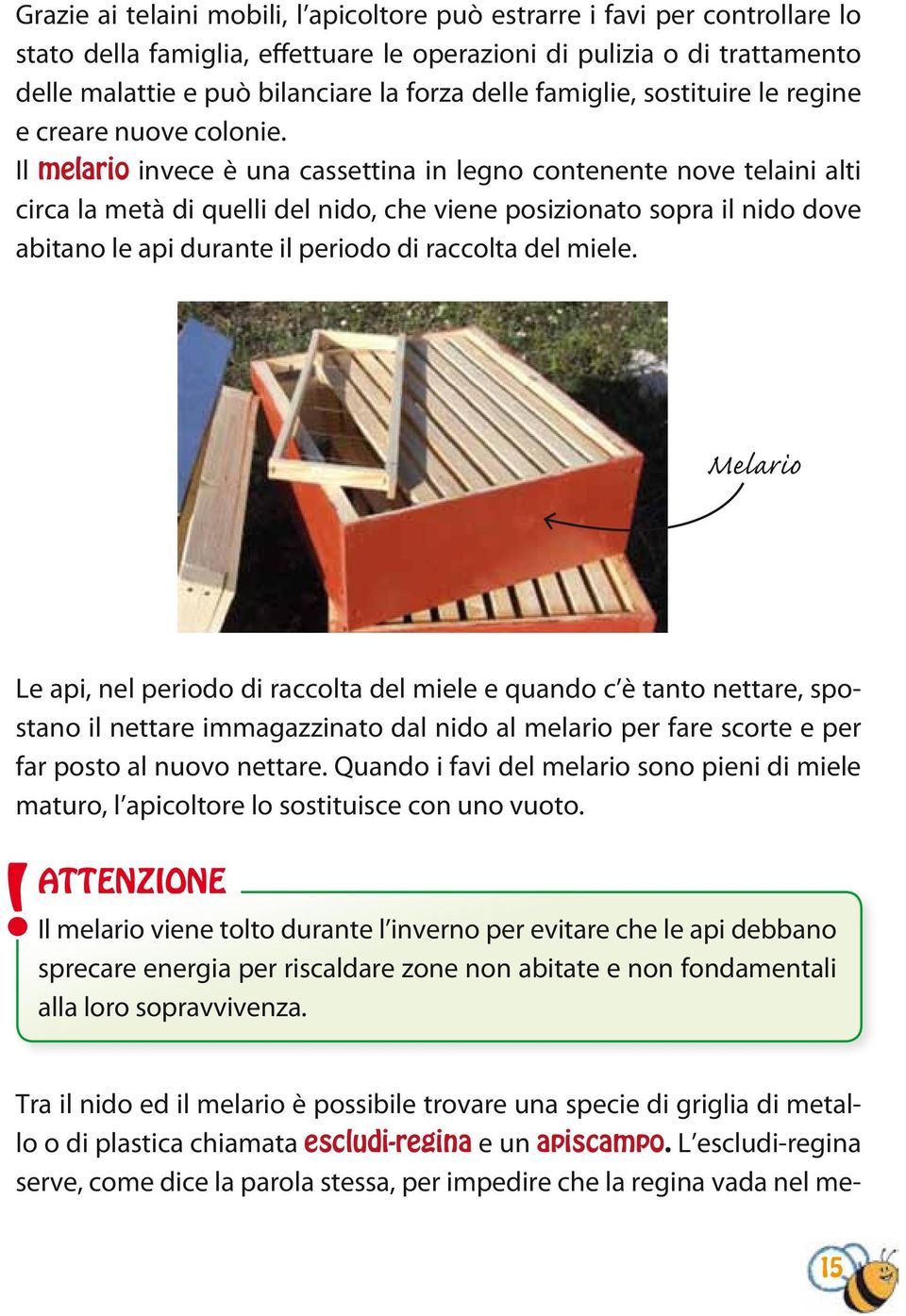 Il melario invece è una cassettina in legno contenente nove telaini alti circa la metà di quelli del nido, che viene posizionato sopra il nido dove abitano le api durante il periodo di raccolta del