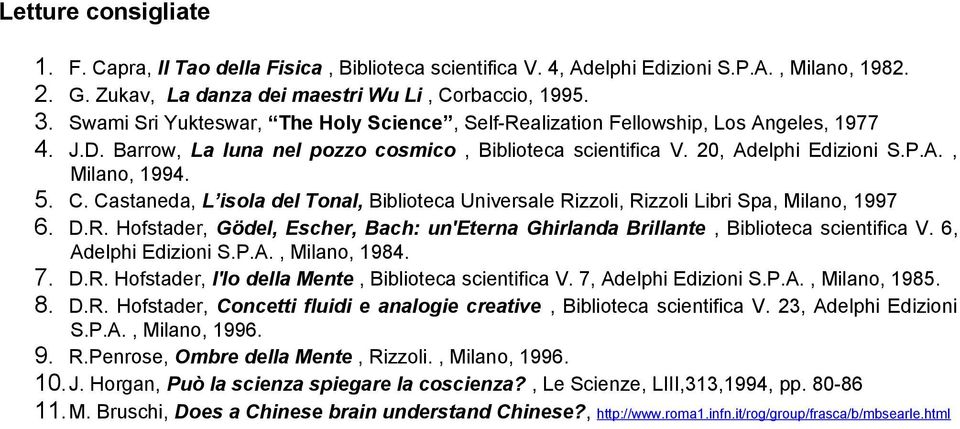 C. Castaneda, L isola del Tonal, Biblioteca Universale Rizzoli, Rizzoli Libri Spa, Milano, 1997 6. D.R. Hofstader, Gödel, Escher, Bach: un'eterna Ghirlanda Brillante, Biblioteca scientifica V.