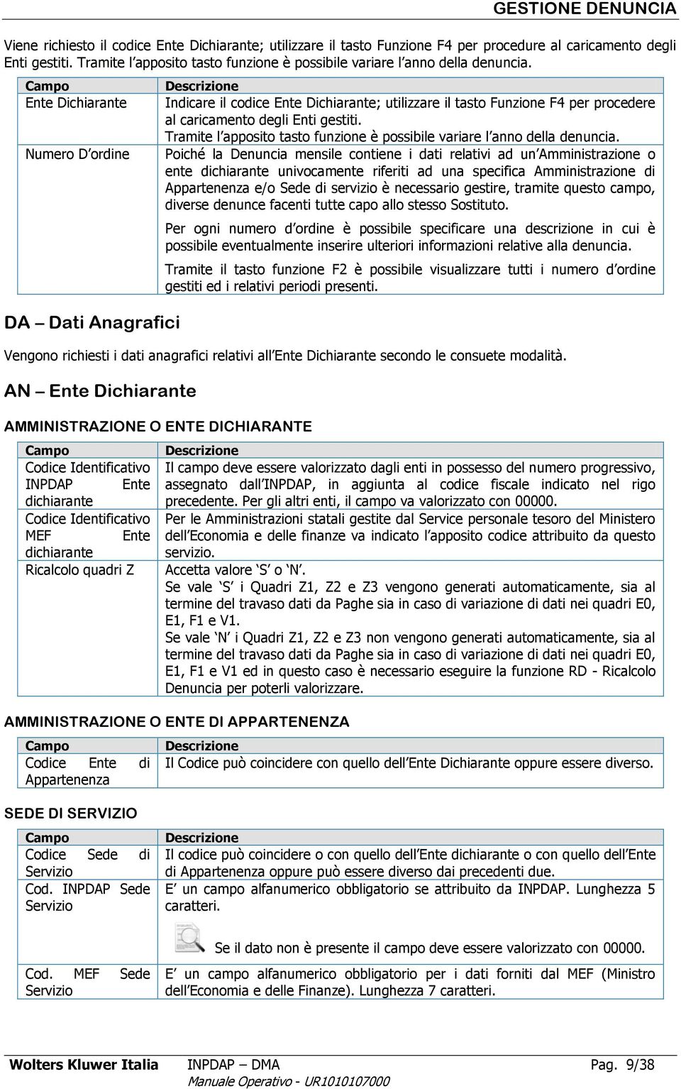 Ente Dichiarante Numero D ordine DA Dati Anagrafici Indicare il codice Ente Dichiarante; utilizzare il tasto Funzione F4 per procedere al caricamento degli Enti gestiti.