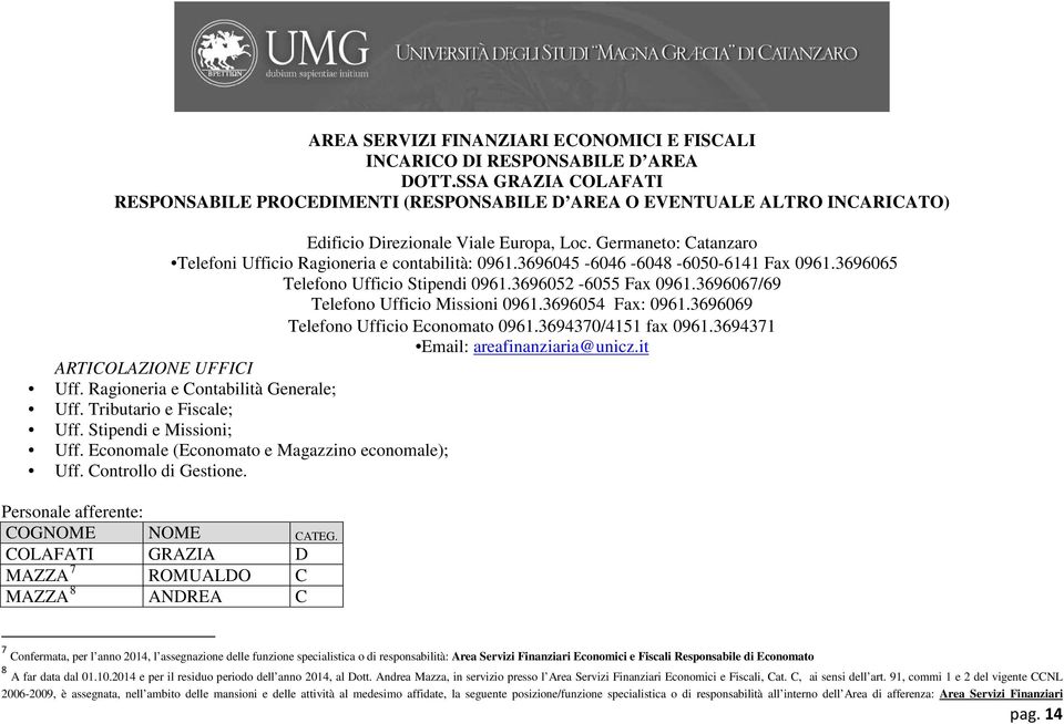 Germaneto: Catanzaro Telefoni Ufficio Ragioneria e contabilità: 0961.3696045-6046 -6048-6050-6141 Fax 0961.3696065 Telefono Ufficio Stipendi 0961.3696052-6055 Fax 0961.