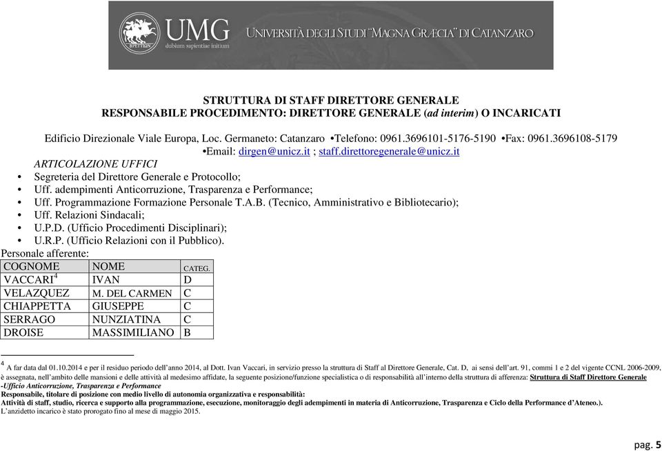 adempimenti Anticorruzione, Trasparenza e Performance; Uff. Programmazione Formazione Personale T.A.B. (Tecnico, Amministrativo e Bibliotecario); Uff. Relazioni Sindacali; U.P.D.