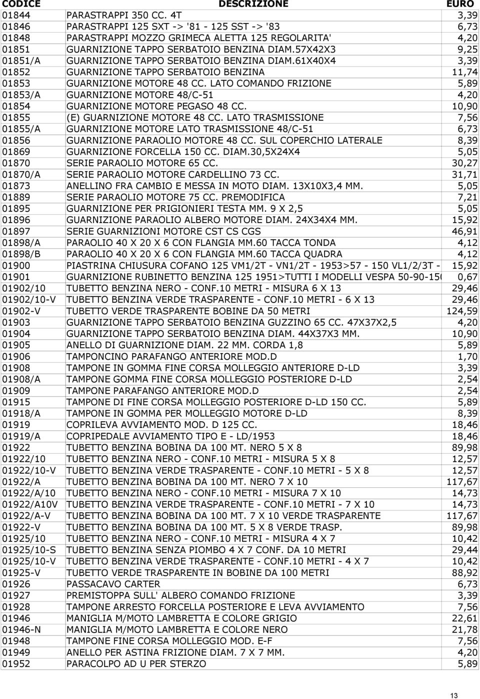 LATO COMANDO FRIZIONE 5,89 01853/A GUARNIZIONE MOTORE 48/C-51 4,20 01854 GUARNIZIONE MOTORE PEGASO 48 CC. 10,90 01855 (E) GUARNIZIONE MOTORE 48 CC.