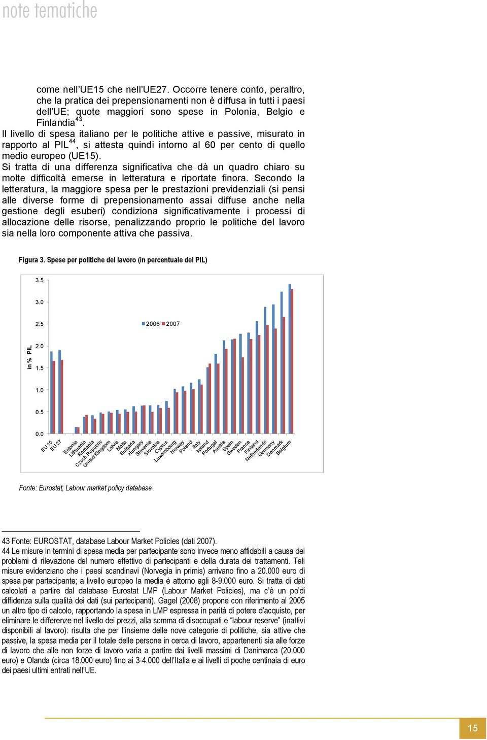 Il livello di spesa italiano per le politiche attive e passive, misurato in rapporto al PIL 44, si attesta quindi intorno al 60 per cento di quello medio europeo (UE15).