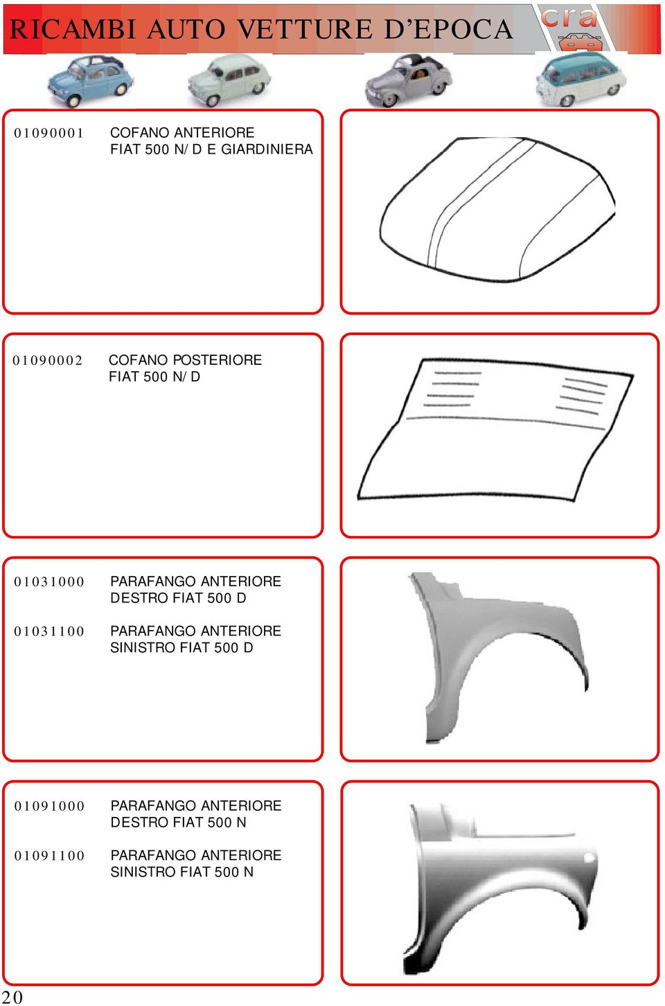 01031100 PARAFANGO ANTERIORE SINISTRO FIAT 500 D 01091000 PARAFANGO