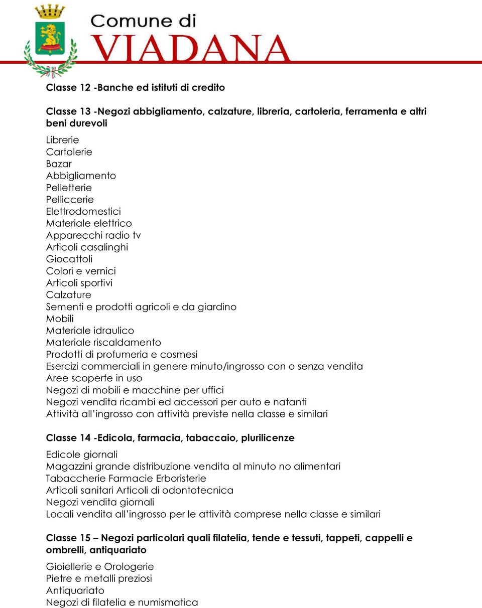 Materiale idraulico Materiale riscaldamento Prodotti di profumeria e cosmesi Esercizi commerciali in genere minuto/ingrosso con o senza vendita Aree scoperte in uso Negozi di mobili e macchine per