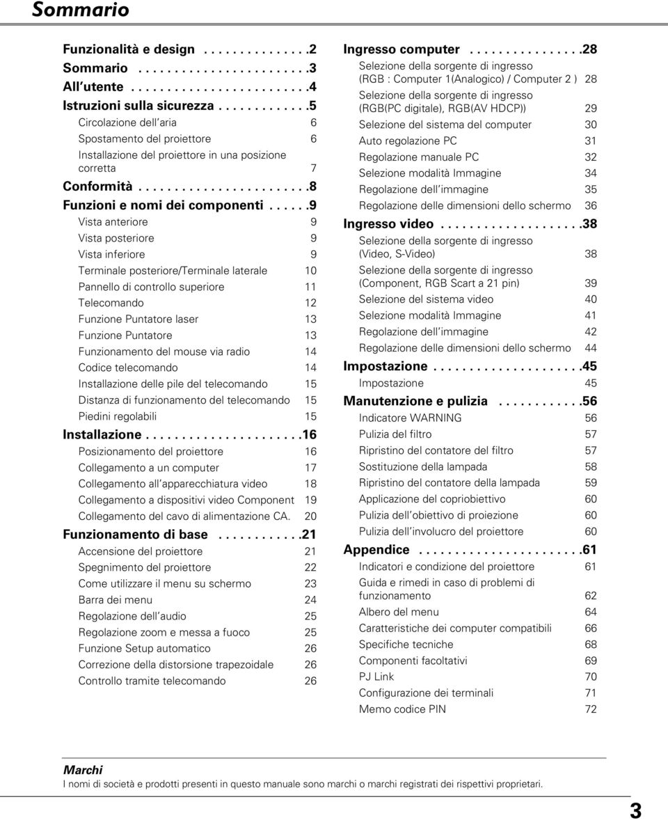 .....9 Vista anteriore 9 Vista posteriore 9 Vista inferiore 9 Terminale posteriore/terminale laterale 10 Pannello di controllo superiore 11 Telecomando 1 Funzione Puntatore laser 13 Funzione