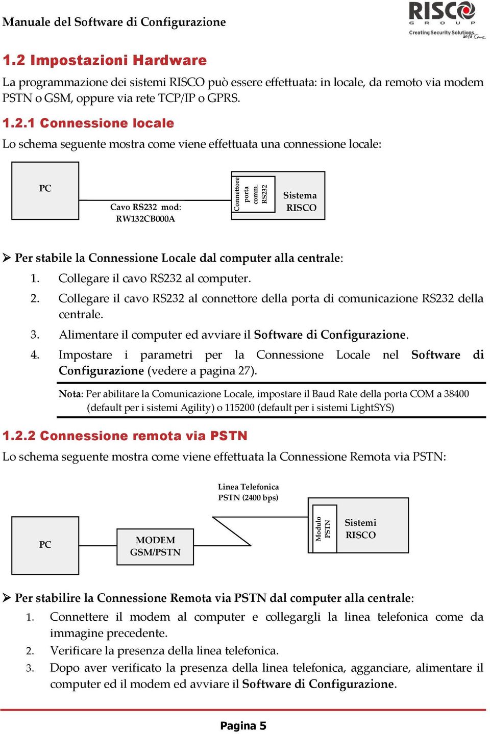 seguente mostra come viene effettuata una connessione locale: PC Cavo RS232 mod: RW132CB000A Sistema RISCO Per stabile la Connessione Locale dal computer alla centrale: 1.