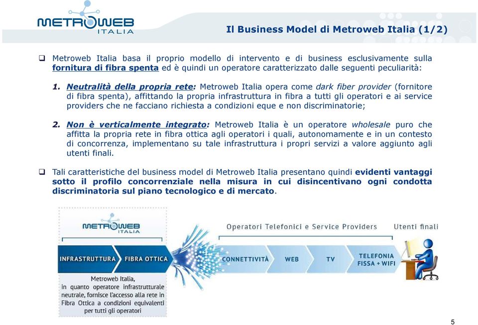 Neutralità della propria rete: Metroweb Italia opera come dark fiber provider (fornitore di fibra spenta), affittando la propria infrastruttura in fibra a tutti gli operatori e ai service providers