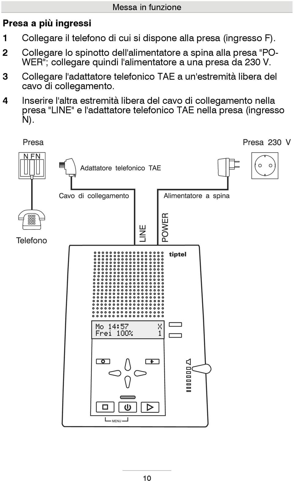 presa da 230 V. 3 Collegare l'adattatore telefonico TAE a un'estremità libera del cavo di collegamento.