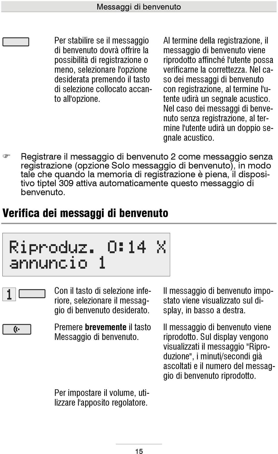 Nel caso dei messaggi di benvenuto con registrazione, al termine l'utente udirà un segnale acustico.