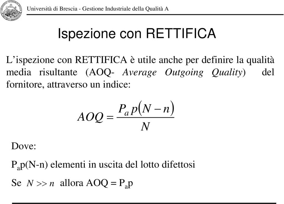 del fornitore, attraverso un indice: Dove: AOQ = P a p ( N n) P a