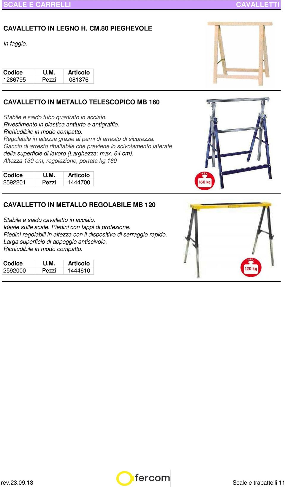 Gancio di arresto ribaltabile che previene lo scivolamento laterale della superficie di lavoro (Larghezza: max. 64 cm). Altezza 130 cm, regolazione, portata kg 160 Codice U.M.