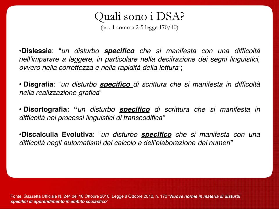 ovvero nella correttezza e nella rapidità della lettura ; Disgrafia: un disturbo specifico di scrittura che si manifesta in difficoltà nella realizzazione grafica