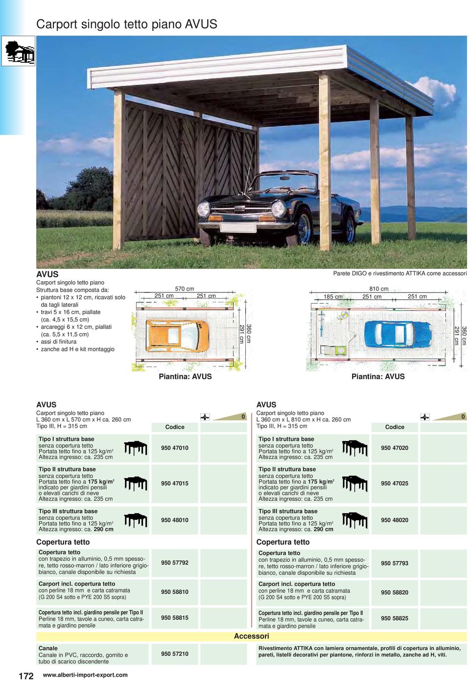 singolo tetto piano L 36 cm x L 57 cm x H ca. 26 cm Tipo III, H = 315 cm AVUS Carport singolo tetto piano L 36 cm x L 81 cm x H ca.