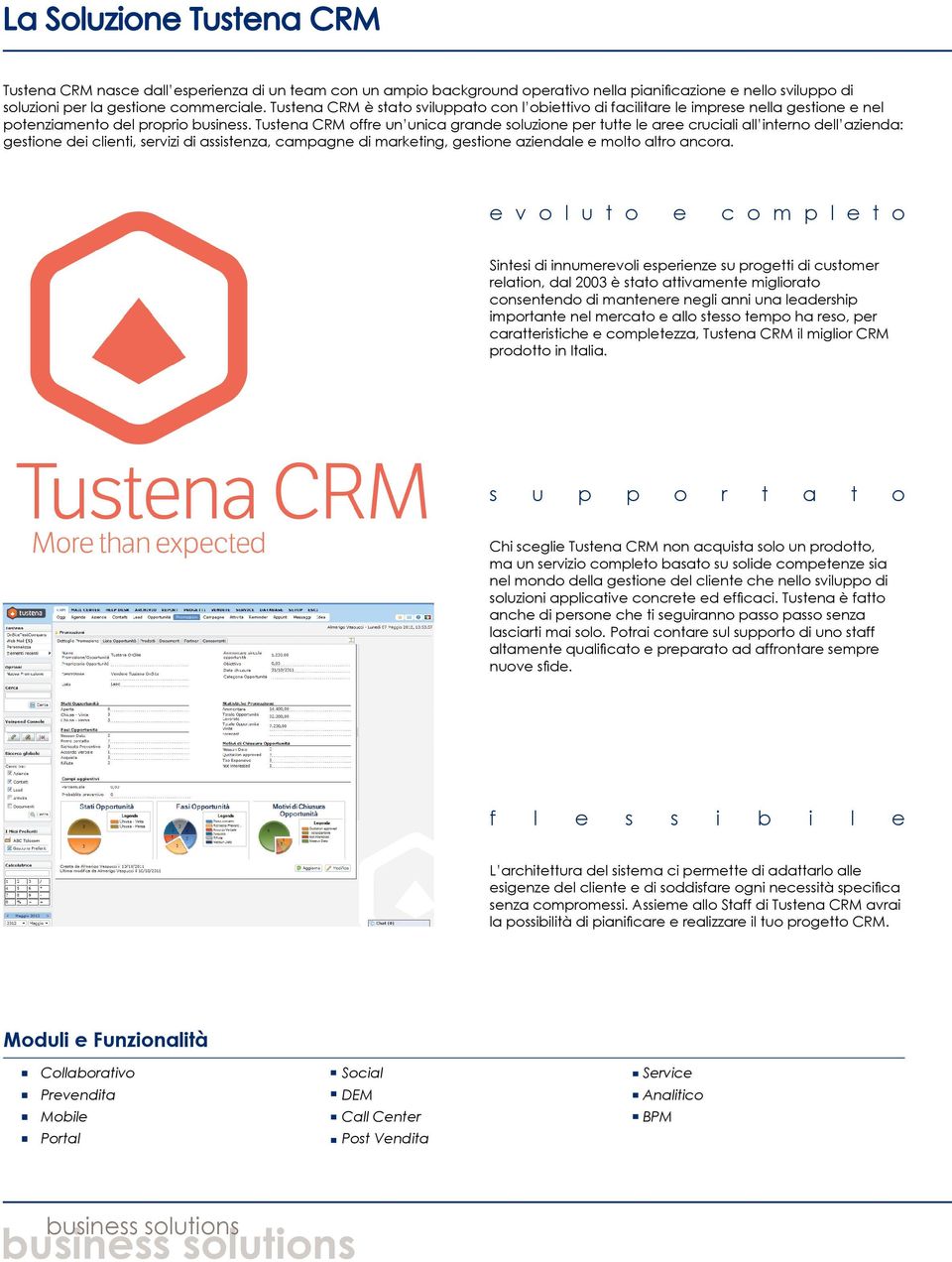 Tustena CRM offre un unica grande soluzione per tutte le aree cruciali all interno dell azienda: gestione dei clienti, servizi di assistenza, campagne di marketing, gestione aziendale e molto altro