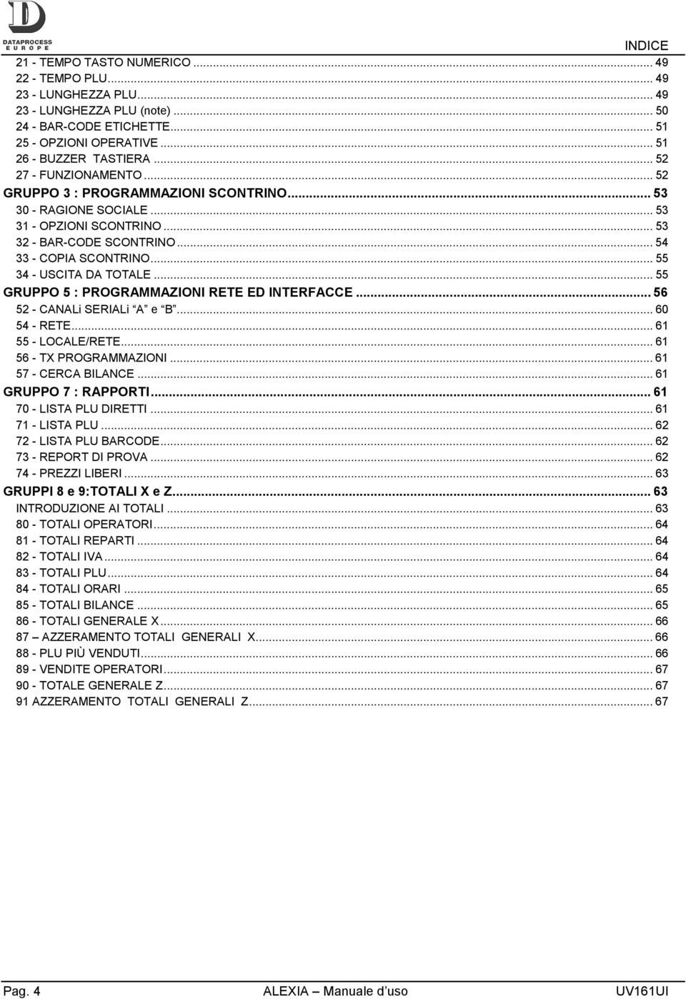 .. 55 34 - USCITA DA TOTALE... 55 GRUPPO 5 : PROGRAMMAZIONI RETE ED INTERFACCE... 56 52 - CANALi SERIALi A e B... 60 54 - RETE... 61 55 - LOCALE/RETE... 61 56 - TX PROGRAMMAZIONI.