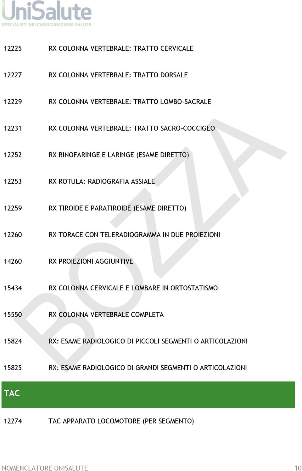 TELERADIOGRAMMA IN DUE PROIEZIONI 14260 RX PROIEZIONI AGGIUNTIVE 15434 RX COLONNA CERVICALE E LOMBARE IN ORTOSTATISMO 15550 RX COLONNA VERTEBRALE COMPLETA 15824 RX: ESAME